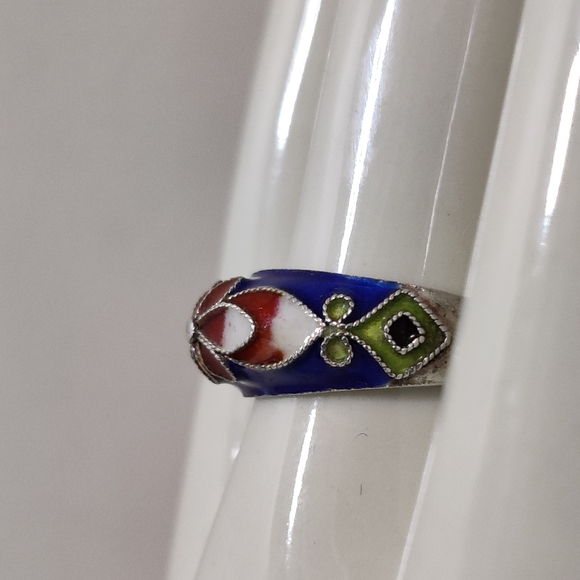 Vintage Chinese Export Cloisonne Sterling Silver Adjustable Ring - Picture 7 of 12